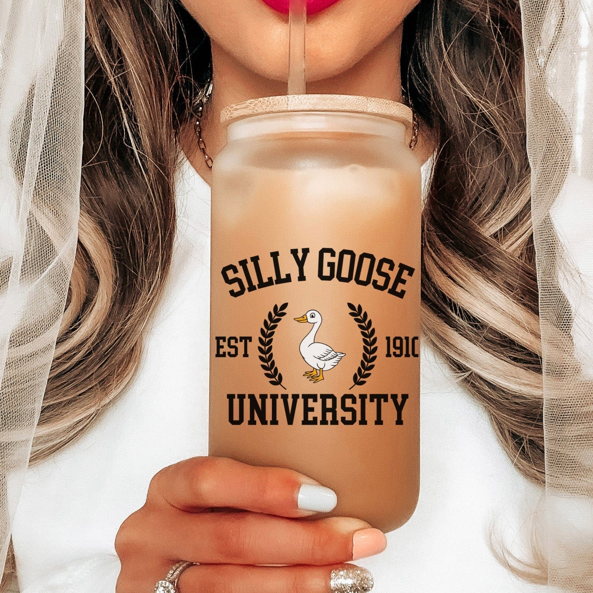 Silly Goose University Iced Coffee Cup Goose Bumps Frosted Coffee Tumbler with straw Funny Goose Beer Can Funny gift Fist bump Glass Tumbler