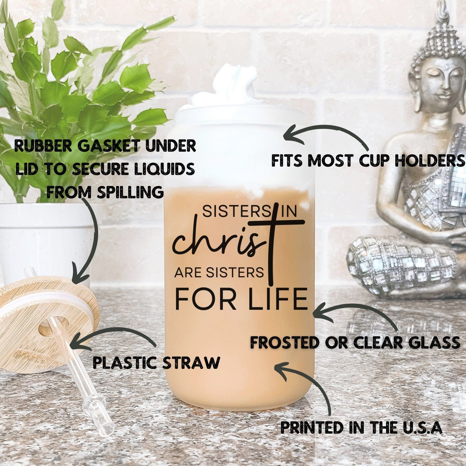 Sisters in Christ are for Life Iced Coffee Cup Christian Frosted Tumbler Faith Tumbler with straw Religious Gifts Bible Verse Glass Coffee
