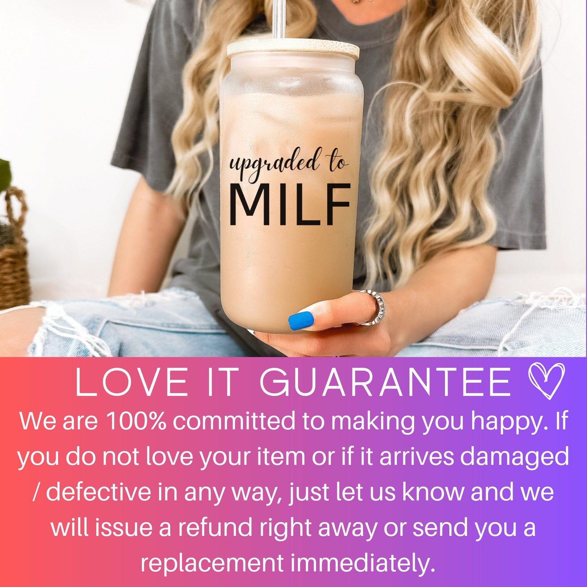 Upgraded to MILF Iced Coffee Cup Expecting Mom Coffee Tumbler New Mom Glass Can First Time mom Pregnancy Gifts Baby Mom to be Shower Gift
