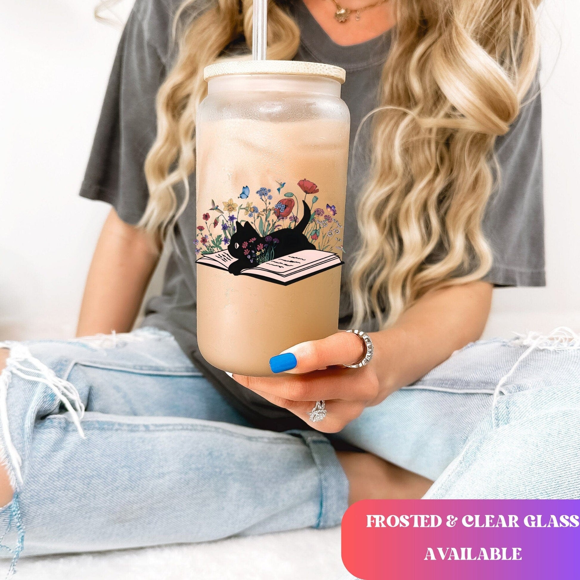 Bookish Glass Tumbler Book Lover Coffee Tumbler Gift for Floral Cat lover Coffee Cup Cute Cat book Beer Glass Can Librarian Gift for women