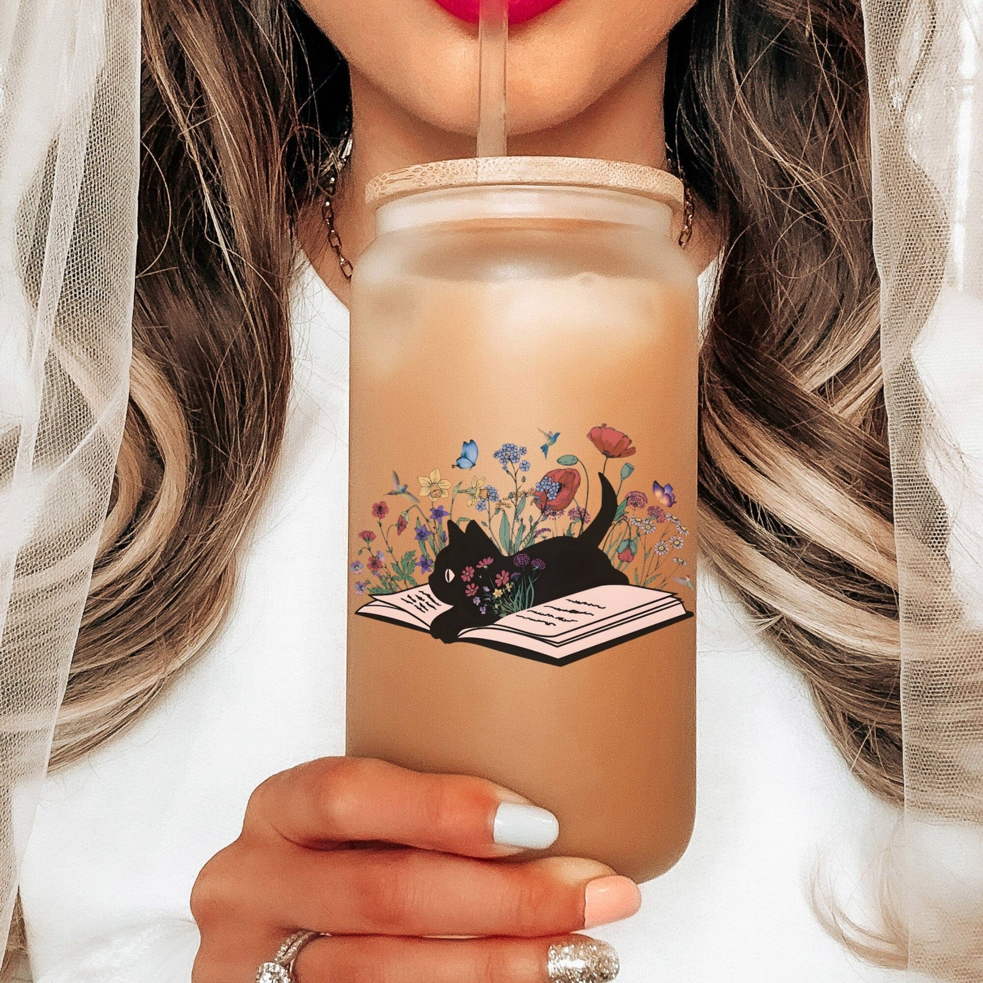 Bookish Glass Tumbler Book Lover Coffee Tumbler Gift for Floral Cat lover Coffee Cup Cute Cat book Beer Glass Can Librarian Gift for women