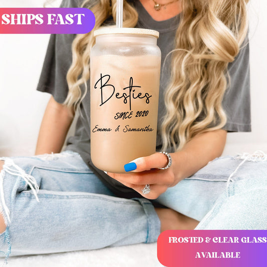 Custom Besties Iced Coffee Cup Personalized Best friend Frosted Beer glass with Bamboo Lid Bestie Gifts for best friend Birthday Gifts BFF