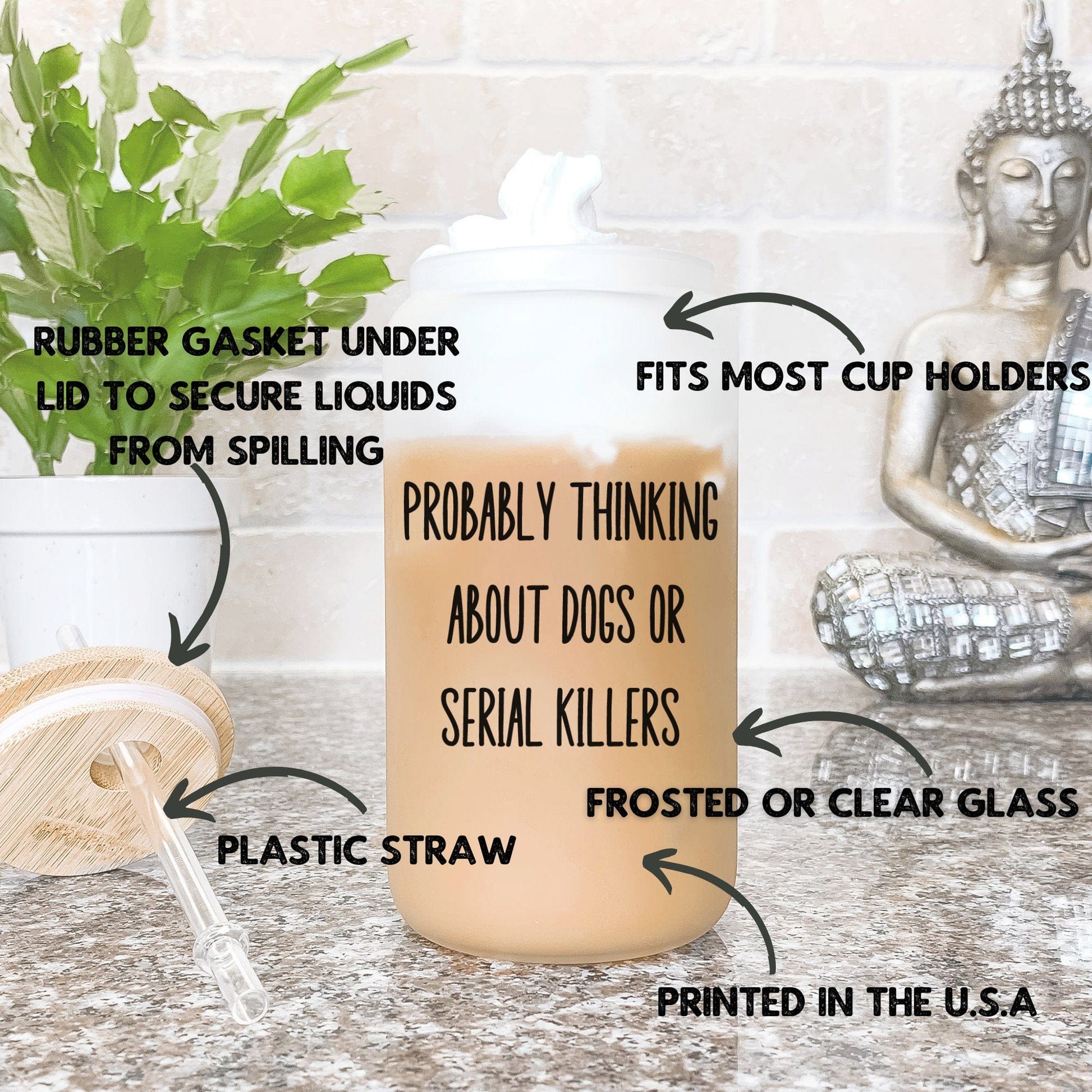 Funny Crime Show Glass Cup Probably thinking about dogs or serial killers Frosted Tumbler with straw Crime show Coffee Tumbler True Crime
