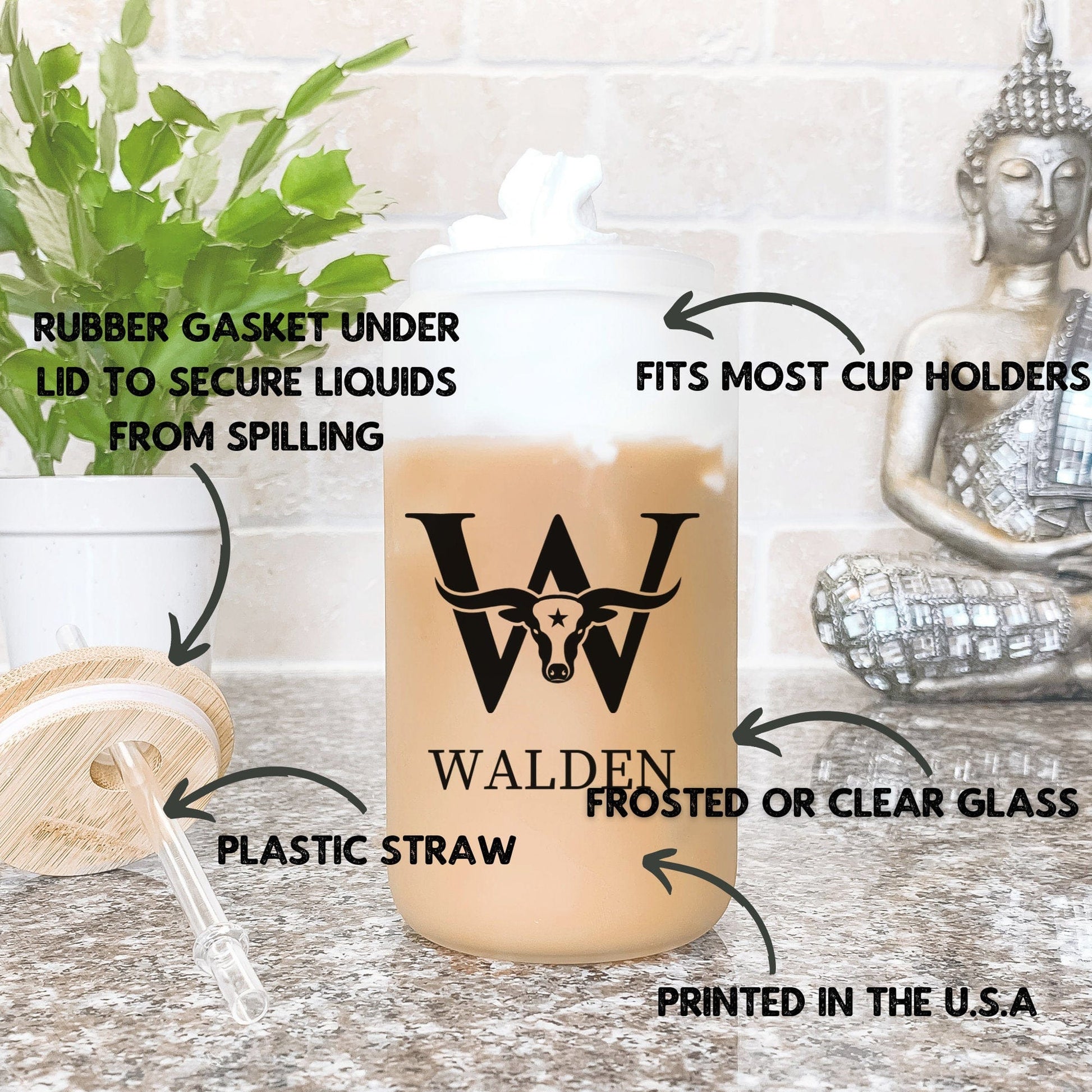 Monogrammed Western Bull Skull Frosted Iced Coffee Cup Personalized Name Frosted Tumbler with Straw Western Rodeo cowboy beer Glass