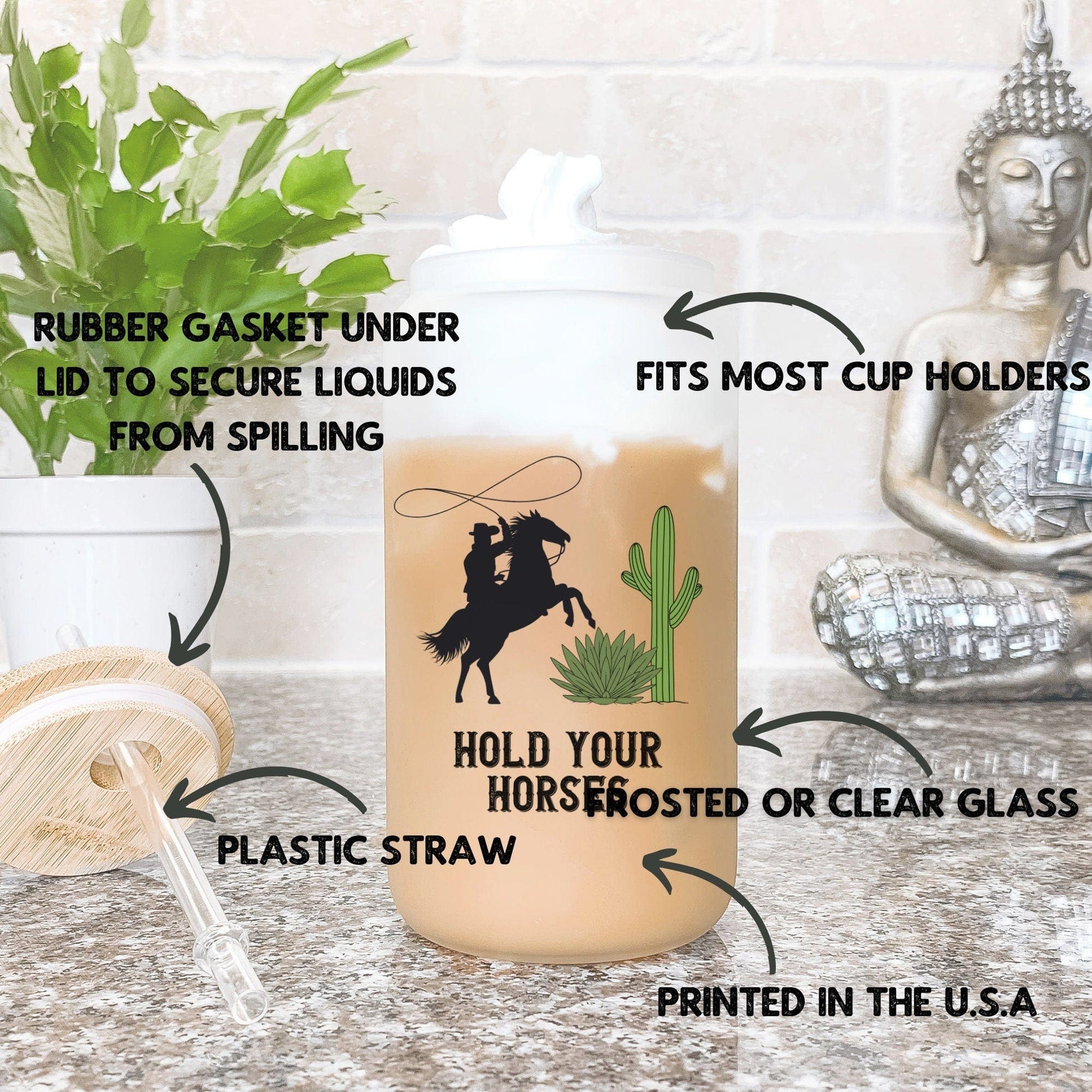 Country Western Frosted Iced Coffee Cup Hold your horses Frosted Tumbler with Straw Western Rodeo cowboy beer Glass Can Gift for Cowgirl