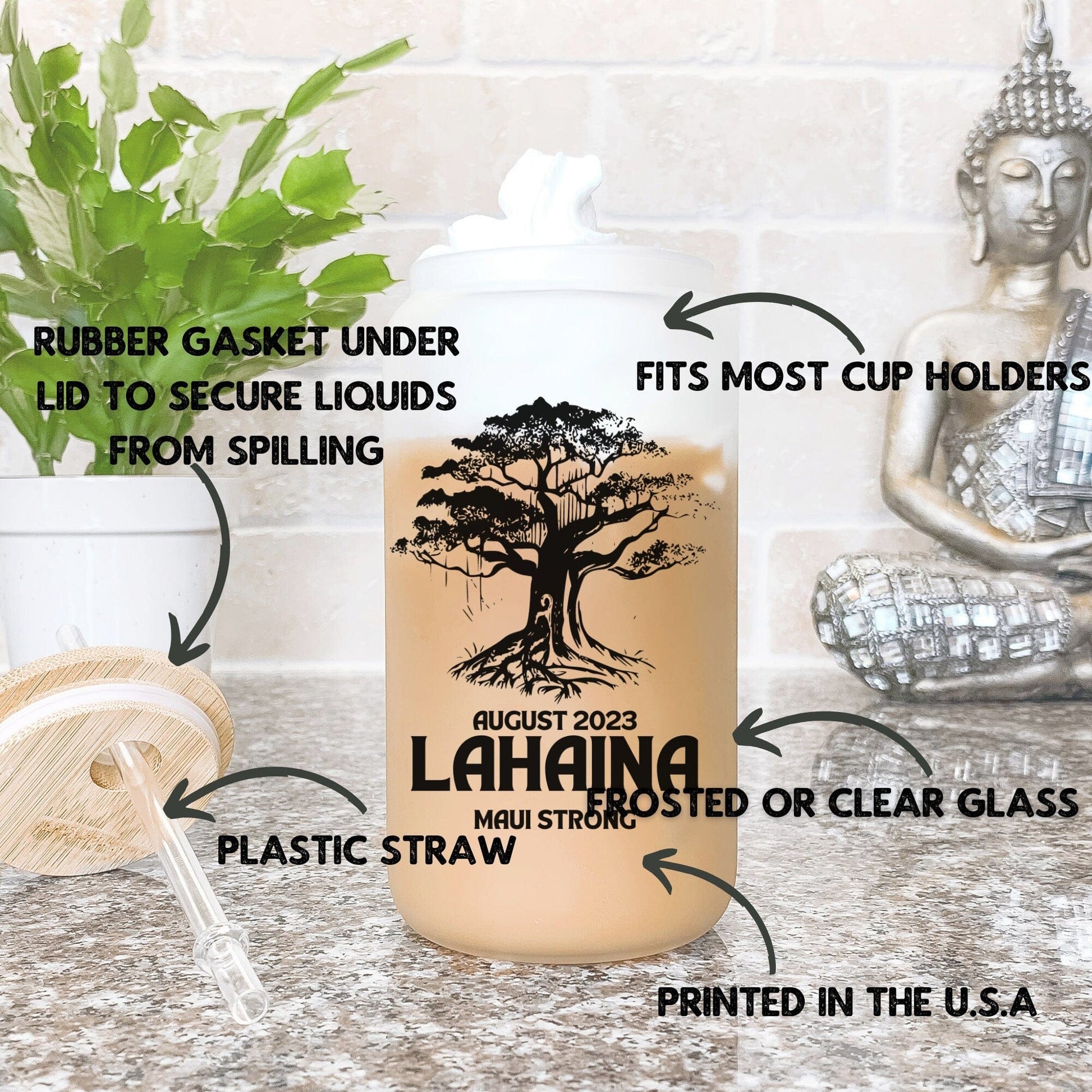 Lahaina Maui Strong Frosted Iced Coffee Cup Support for Maui Tumbler with Straw Elementary Teacher Glass Can Tumbler Lahaina Banyan Tree Cup