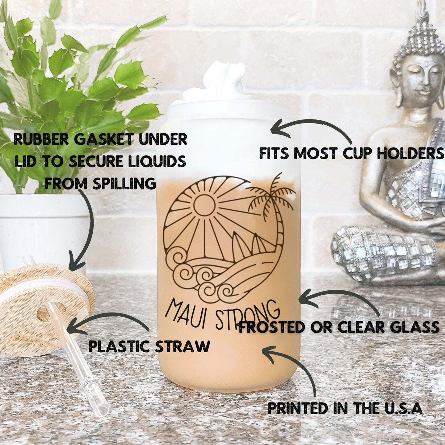 Lahaina Maui Strong Frosted Iced Coffee Cup Support for Maui Tumbler with Straw Elementary Teacher Glass Can Tumbler Lahaina Strong Cup