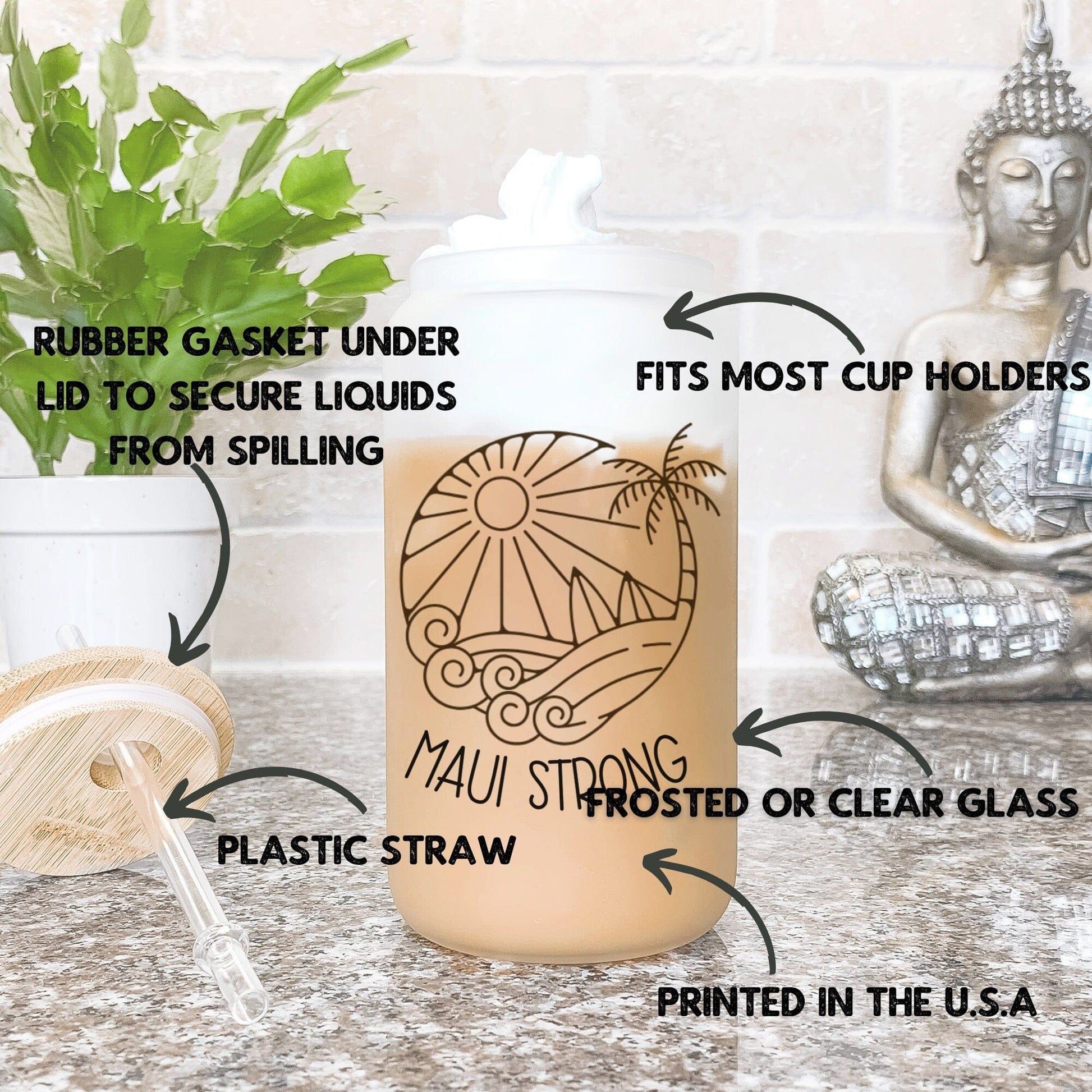 Lahaina Maui Strong Frosted Iced Coffee Cup Support for Maui Tumbler with Straw Elementary Teacher Glass Can Tumbler Lahaina Strong Cup
