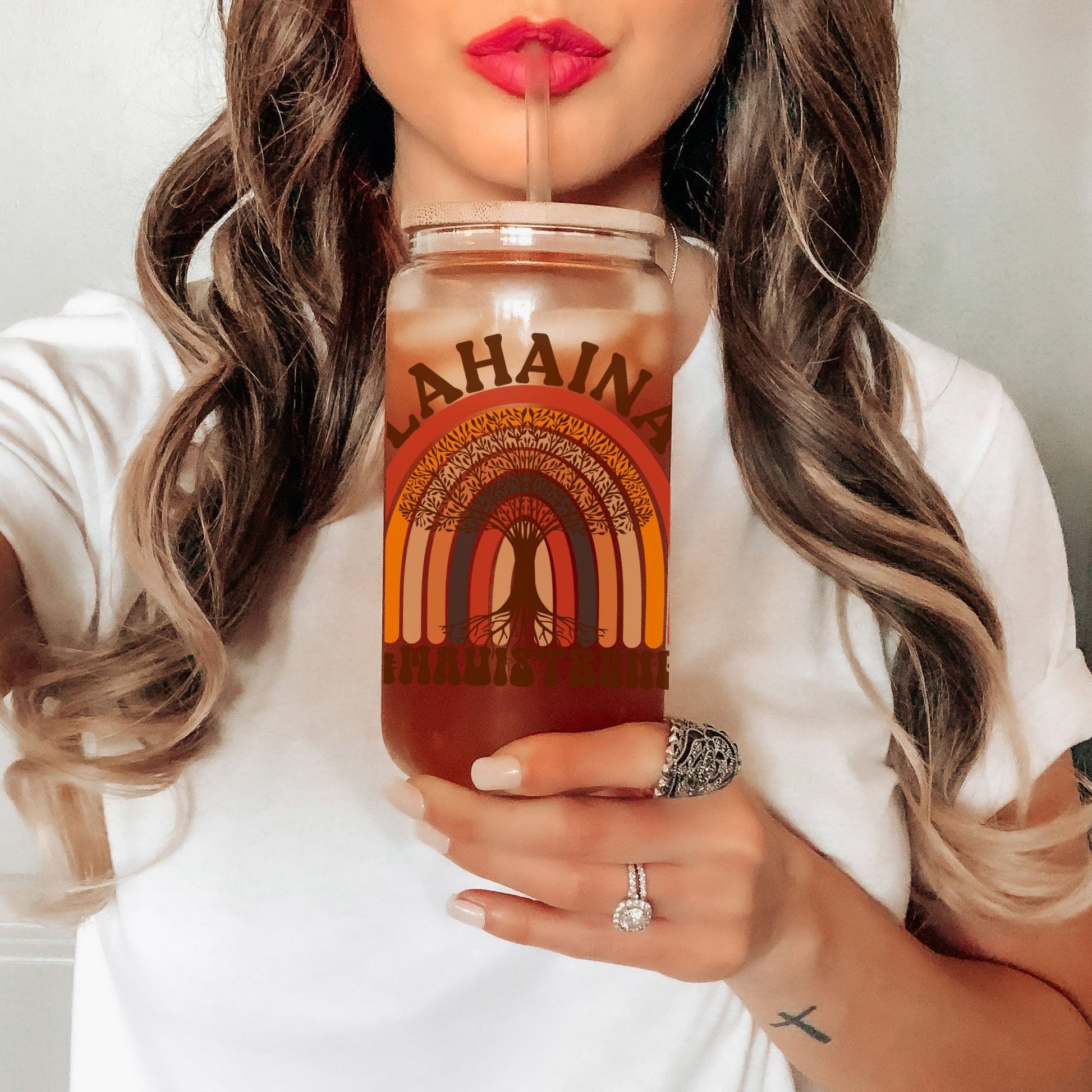 Lahaina Maui Strong Frosted Iced Coffee Cup Support for Maui Tumbler with Straw Elementary Teacher Glass Can Tumbler Lahaina Strong Cup