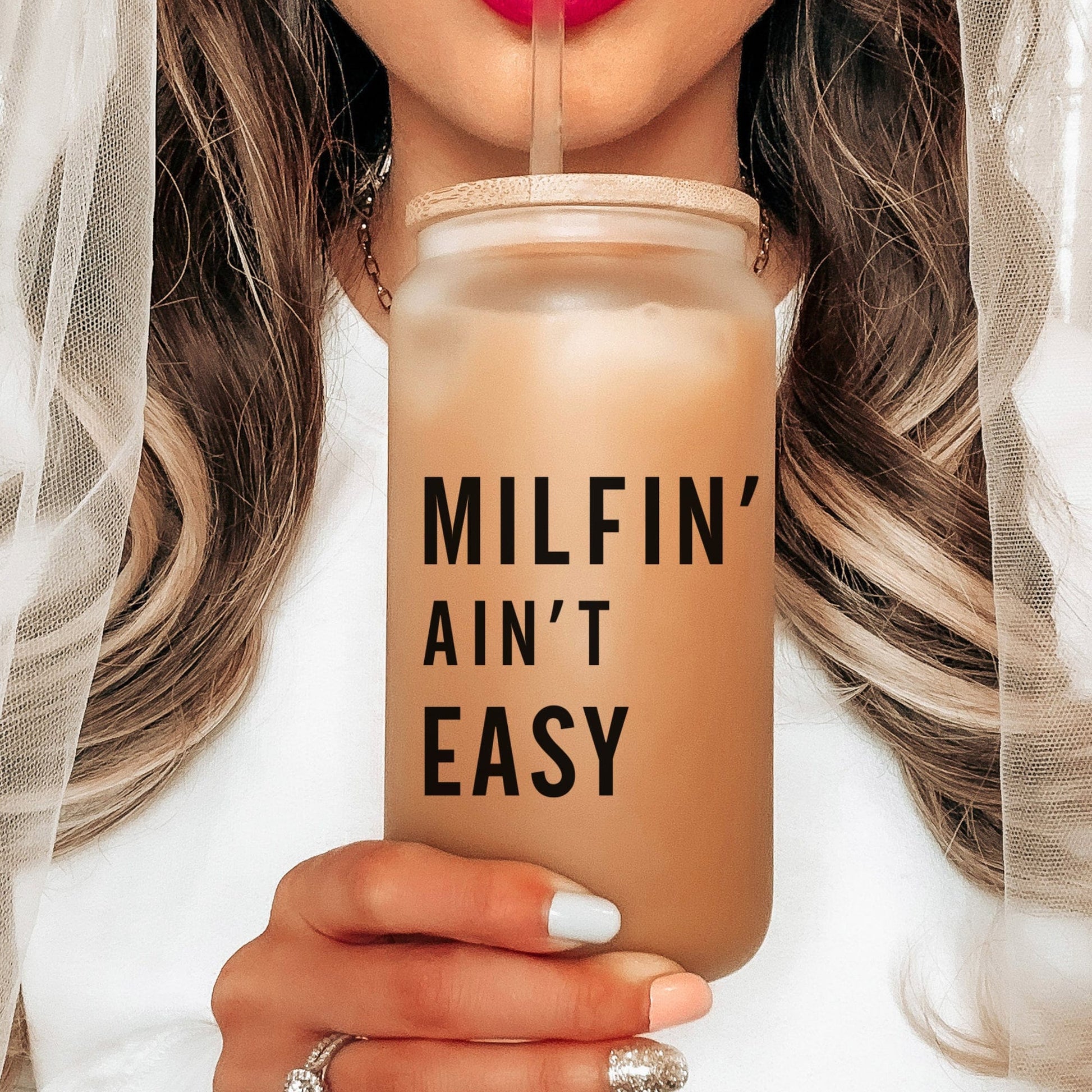 Milfin' Ain't Easy Iced Coffee Cup Hot Mom Frosted Coffee Tumbler with straw Future MILF Beer Can Funny Mama gift for mom Glass Tumbler