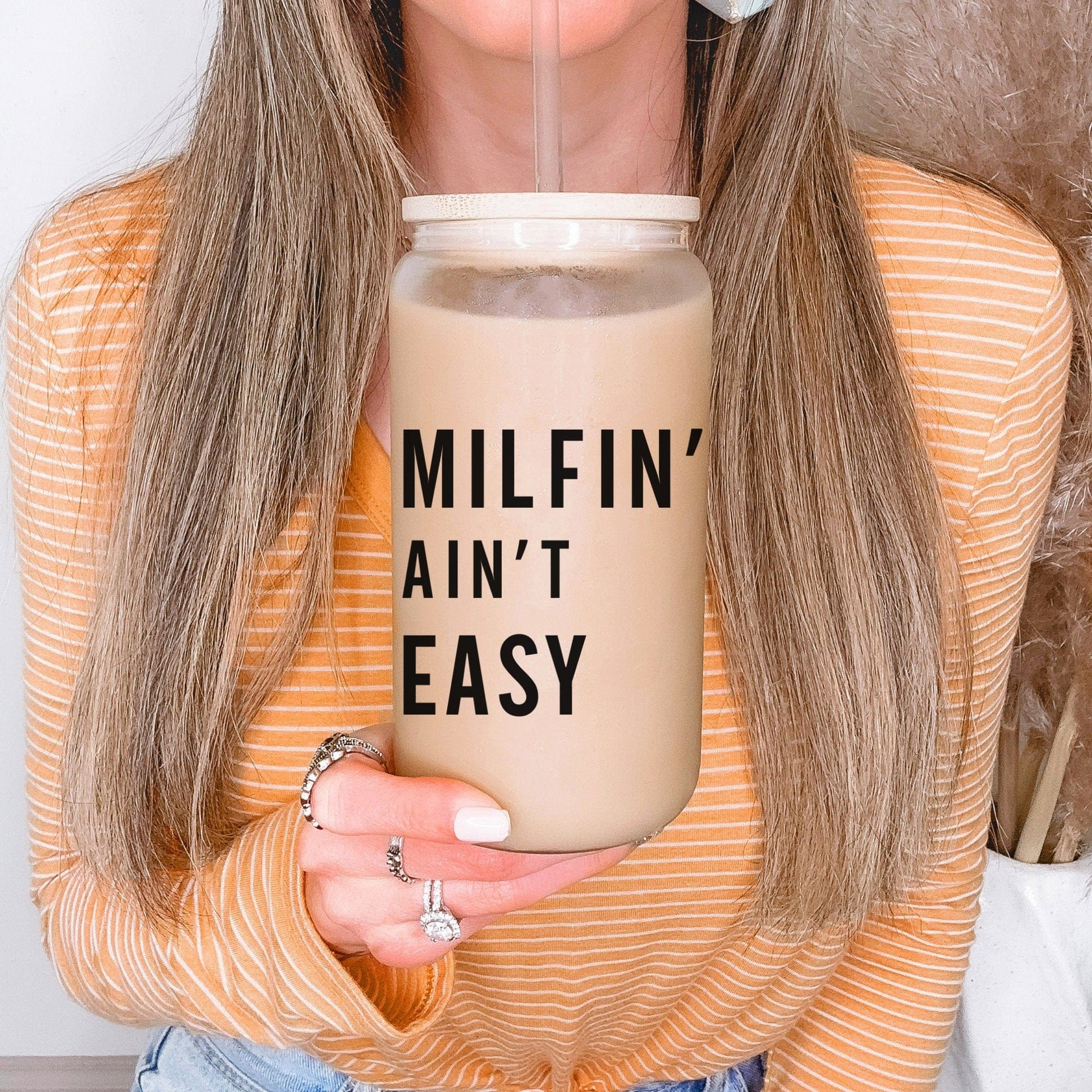 Milfin' Ain't Easy Iced Coffee Cup Hot Mom Frosted Coffee Tumbler with straw Future MILF Beer Can Funny Mama gift for mom Glass Tumbler