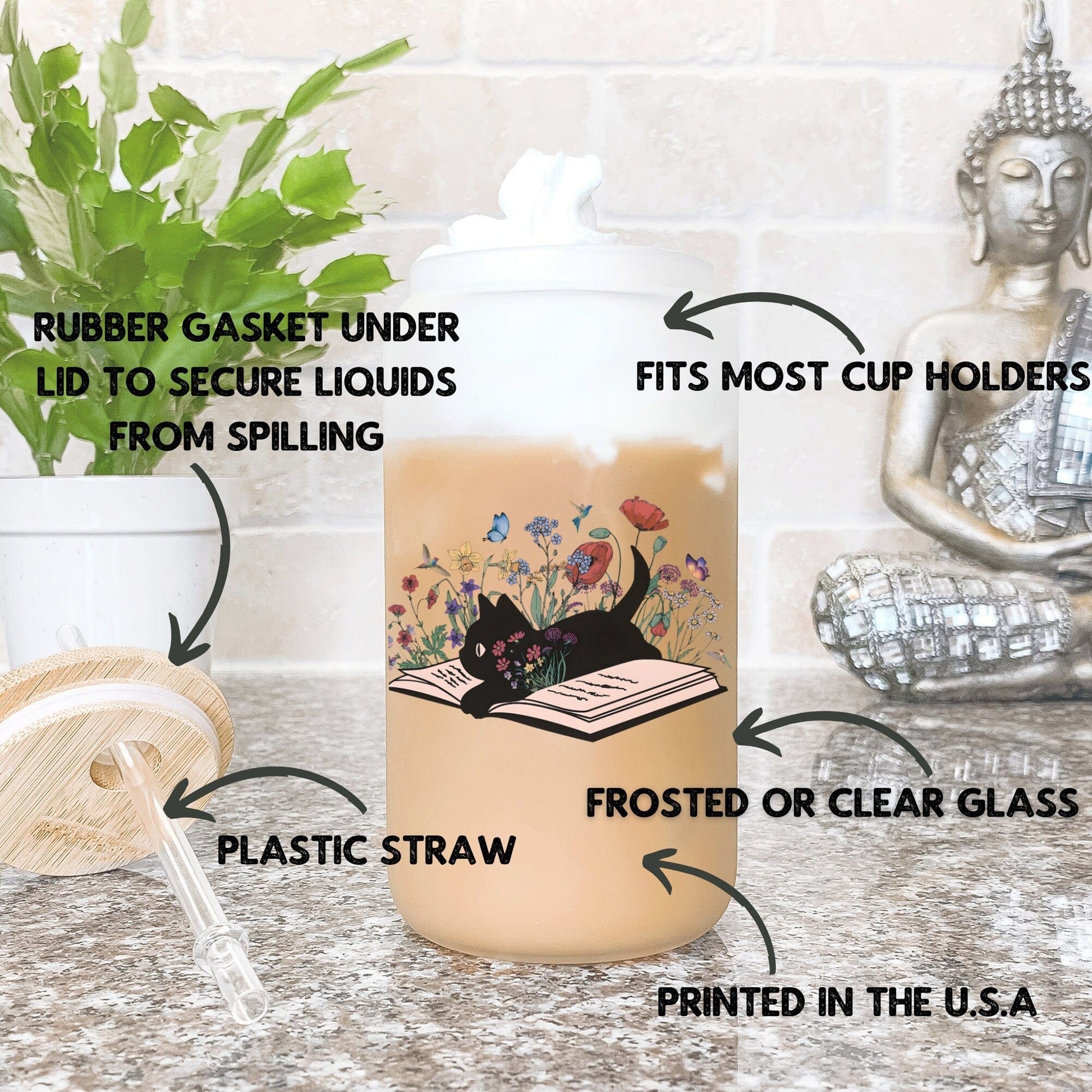 Bookish Glass Tumbler Book Lover Coffee Tumbler Gift for Floral Cat lover Coffee Cup Cute Cat book Beer Glass Can Librarian Gift for women