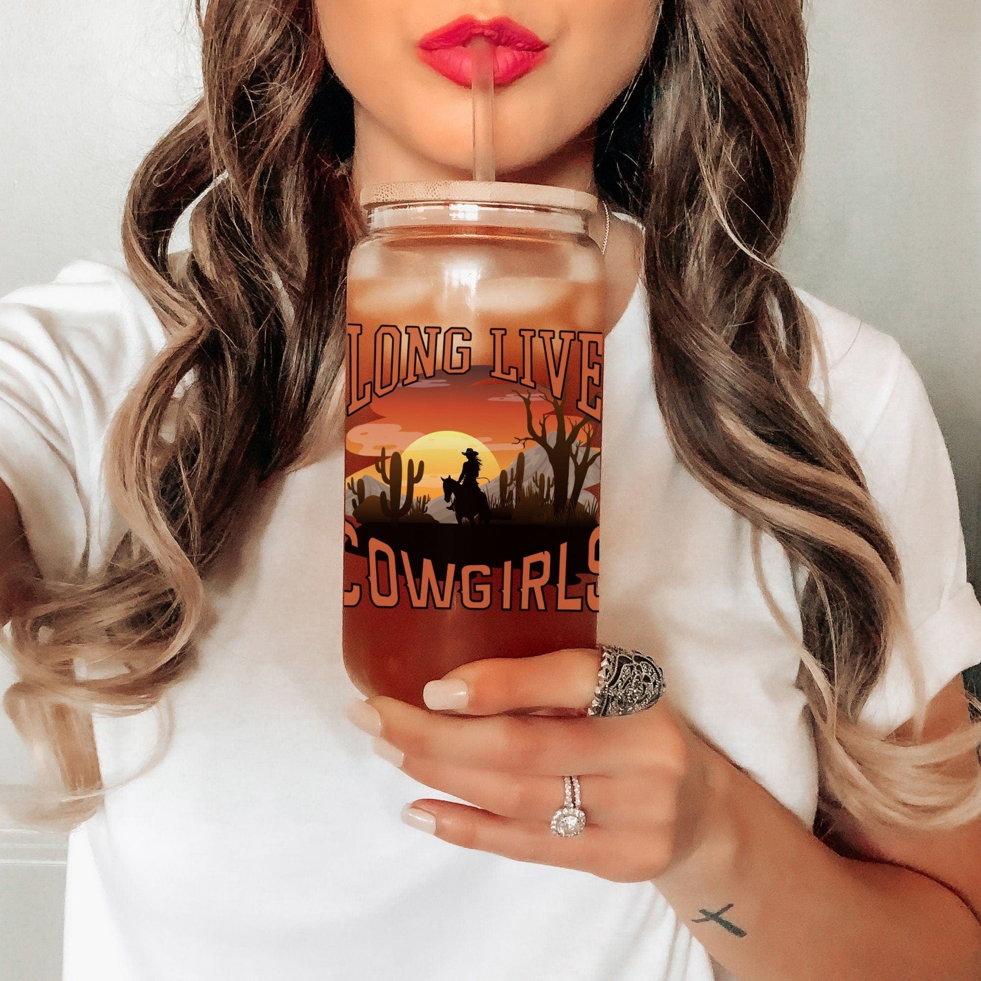 Country concert Frosted Iced Coffee Cup Long Live Cowgirls Frosted Tumbler with Straw Western Rodeo cowgirl Desert Vintage style beer Glass