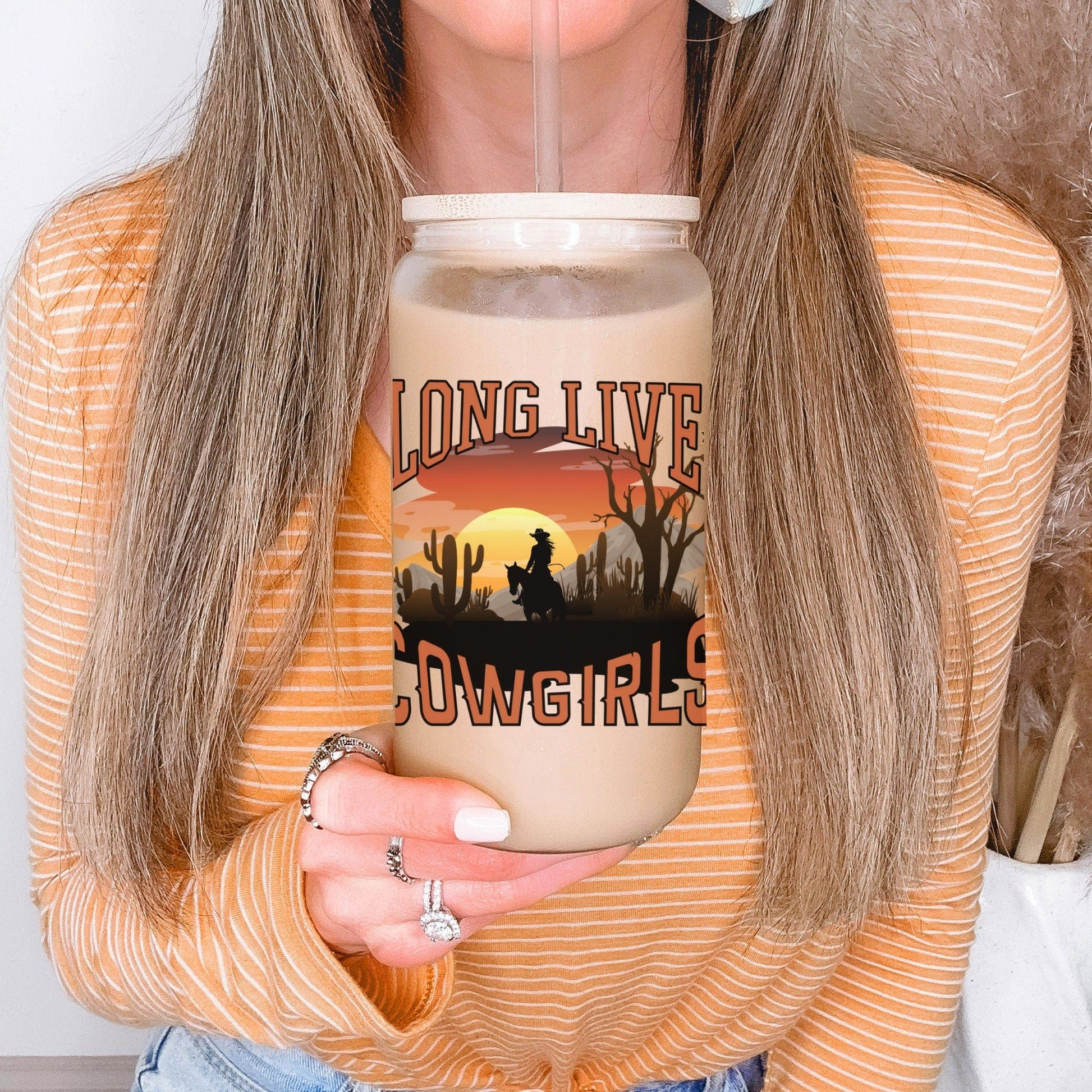 Country concert Frosted Iced Coffee Cup Long Live Cowgirls Frosted Tumbler with Straw Western Rodeo cowgirl Desert Vintage style beer Glass