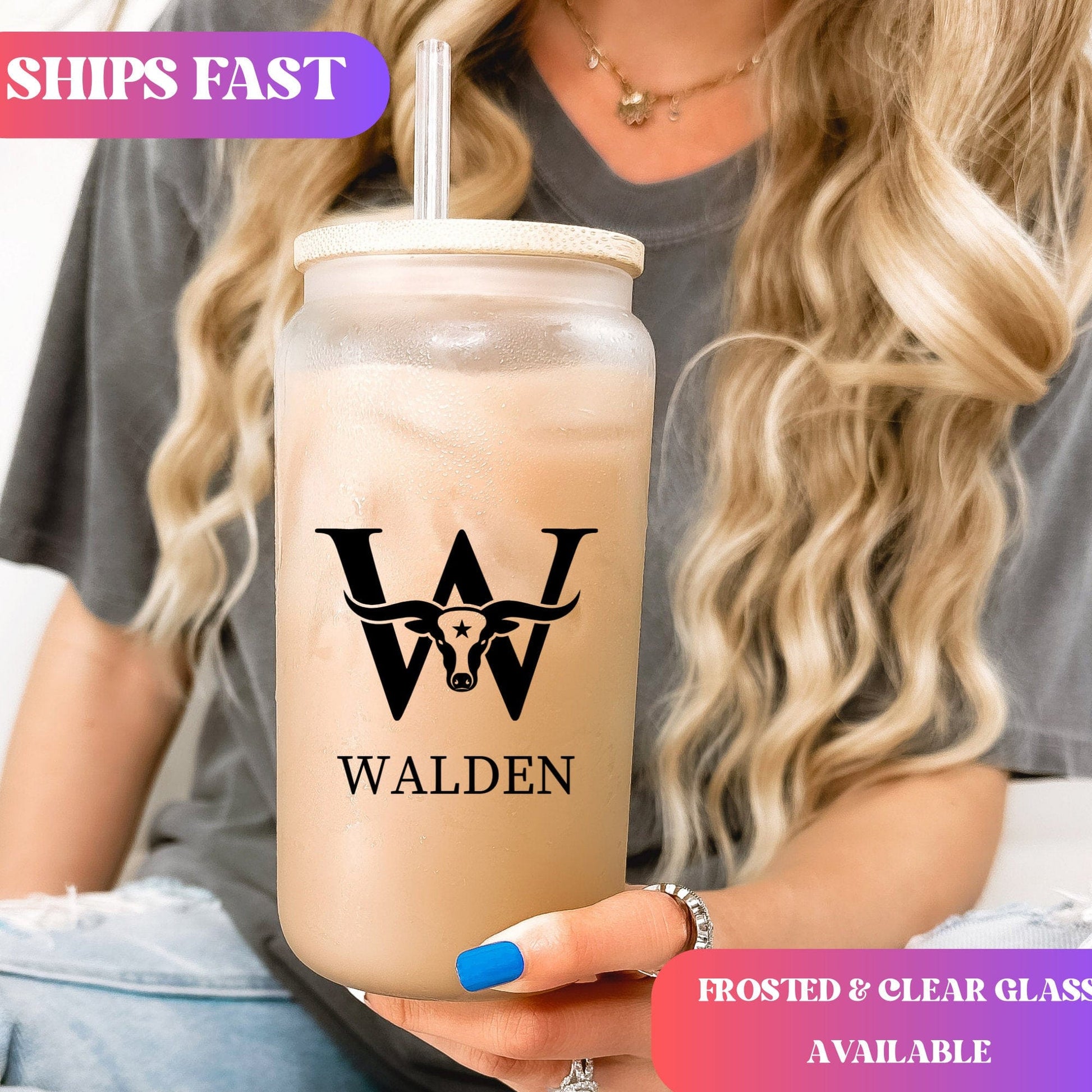 Monogrammed Western Bull Skull Frosted Iced Coffee Cup Personalized Name Frosted Tumbler with Straw Western Rodeo cowboy beer Glass
