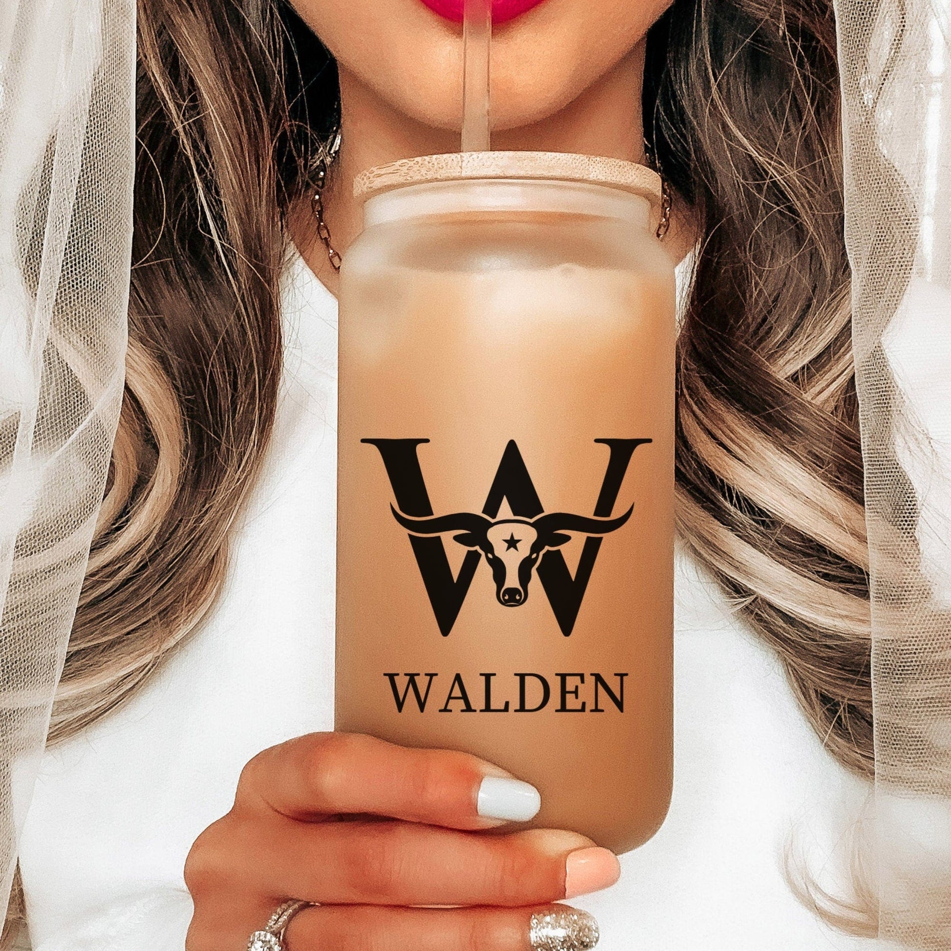 Monogrammed Western Bull Skull Frosted Iced Coffee Cup Personalized Name Frosted Tumbler with Straw Western Rodeo cowboy beer Glass